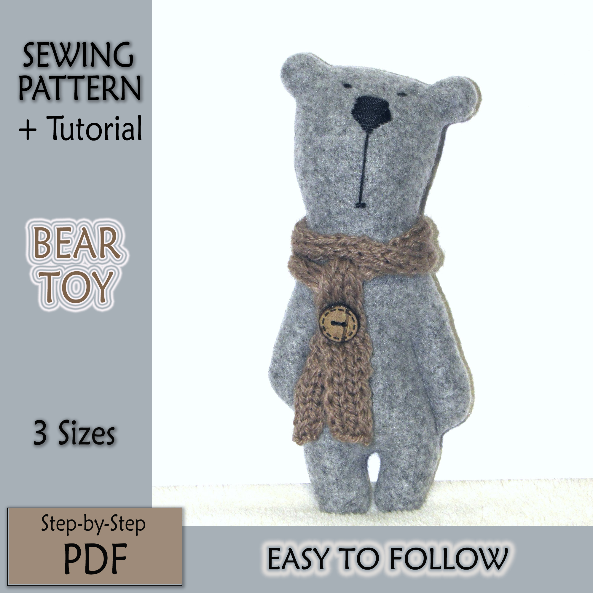 Bear sewing pattern PDF, easy stuffed animal pattern 3 sizes