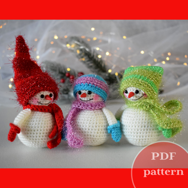 3 Snowmans in a hat, soft crochet toy, DIY