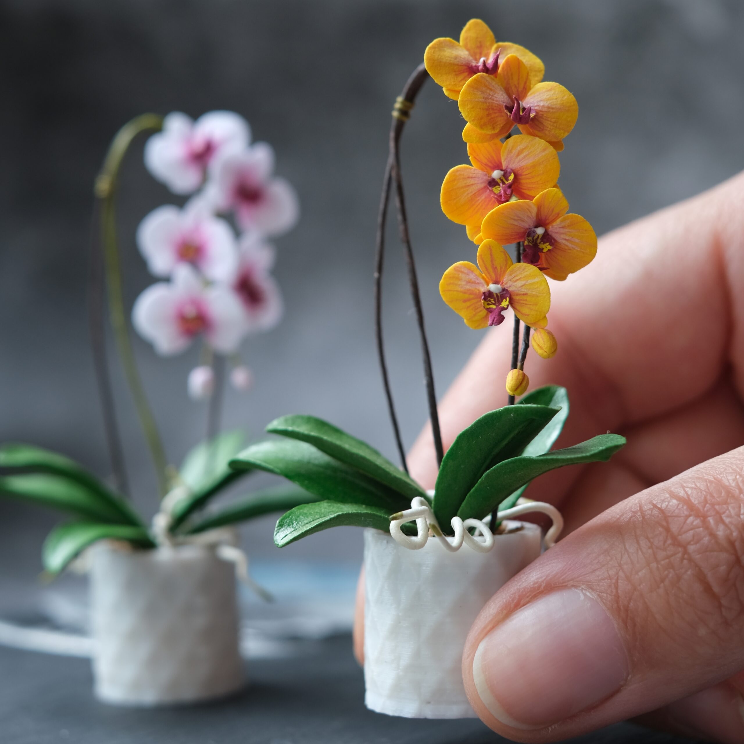 Artificial Miniature Flowers in a White Pot, Yellow and Red Dollhouse