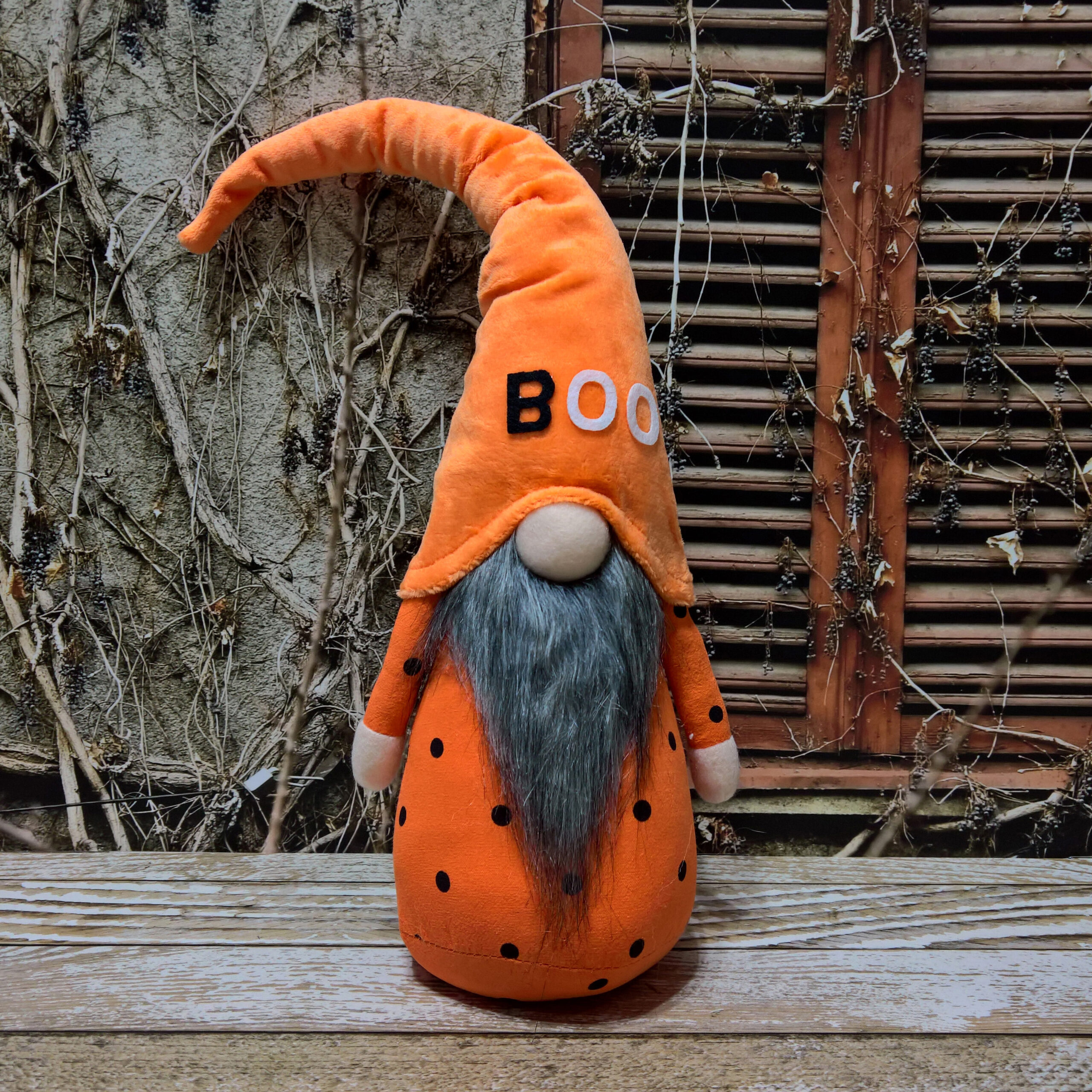 Halloween Gnome Holding Hey Boo Banner