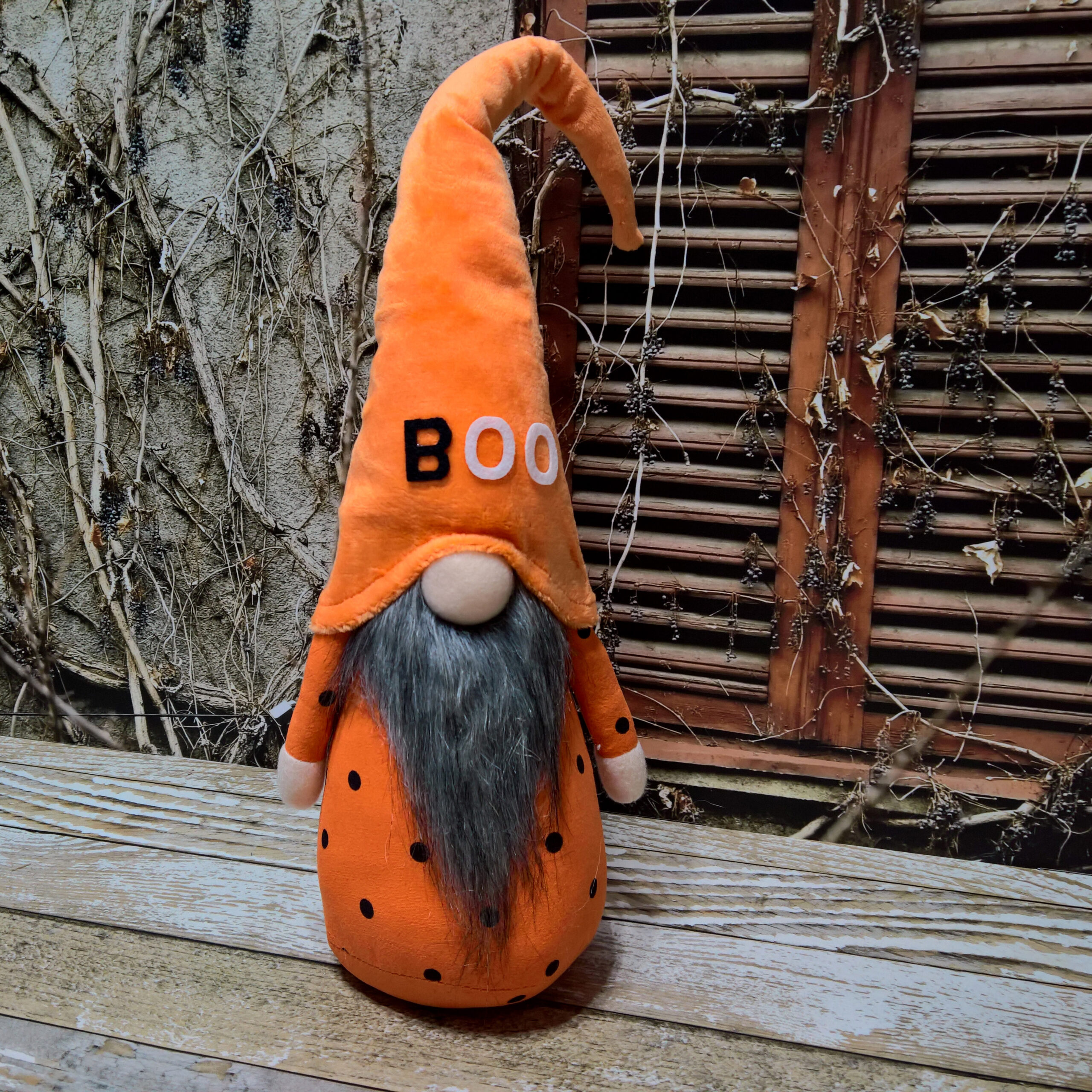 Halloween Gnome Holding Hey Boo Banner