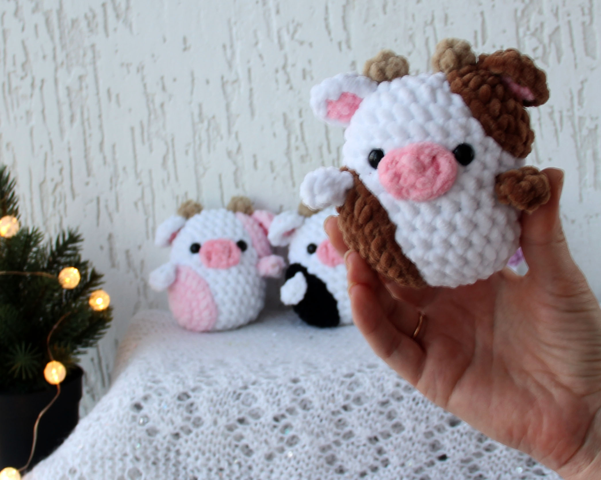 Large Crochet Cow Plush, Small Cow Amigurumi Cow Strawberry Cow