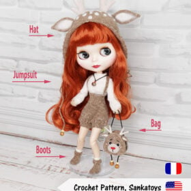 christmas reindeer HAT, JUMPSUIT, BOOTS AND BAG blythe outfit crochet pattern