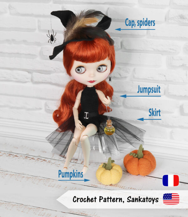 halloween hat jumpsuit skirt pumpkins blythe outfit crochet pattern