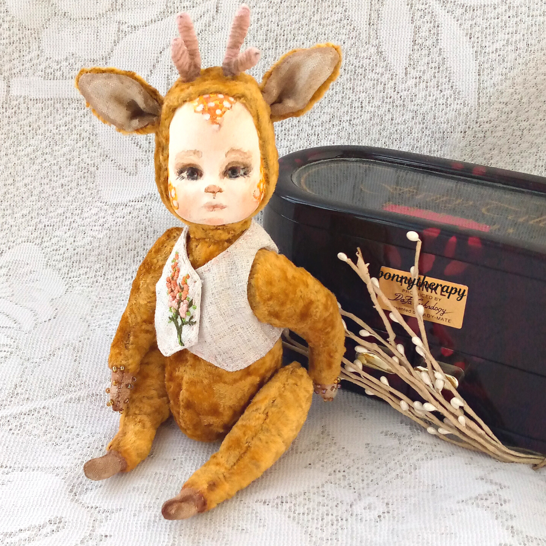 Teddy doll fawn 15.5 cm sitting , handmade doll the fawn. 3 teddy doll 10