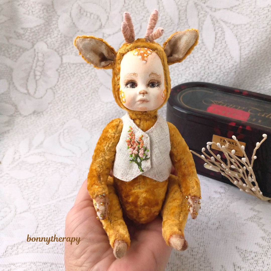 Teddy doll fawn 15.5 cm sitting , handmade doll the fawn. 4 teddy doll 13