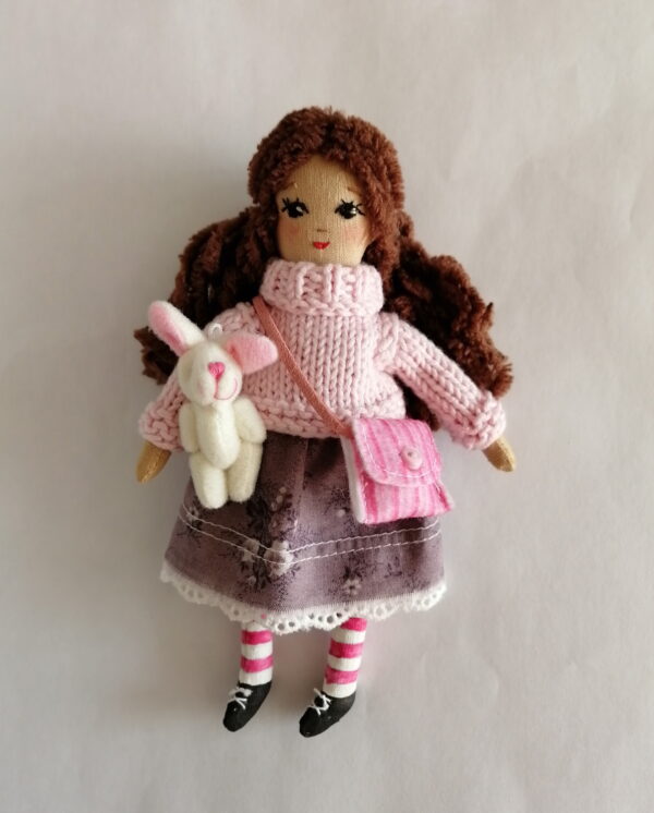 Handmade primitive doll Galya 16 cm (6 inch) with tiny rabbit