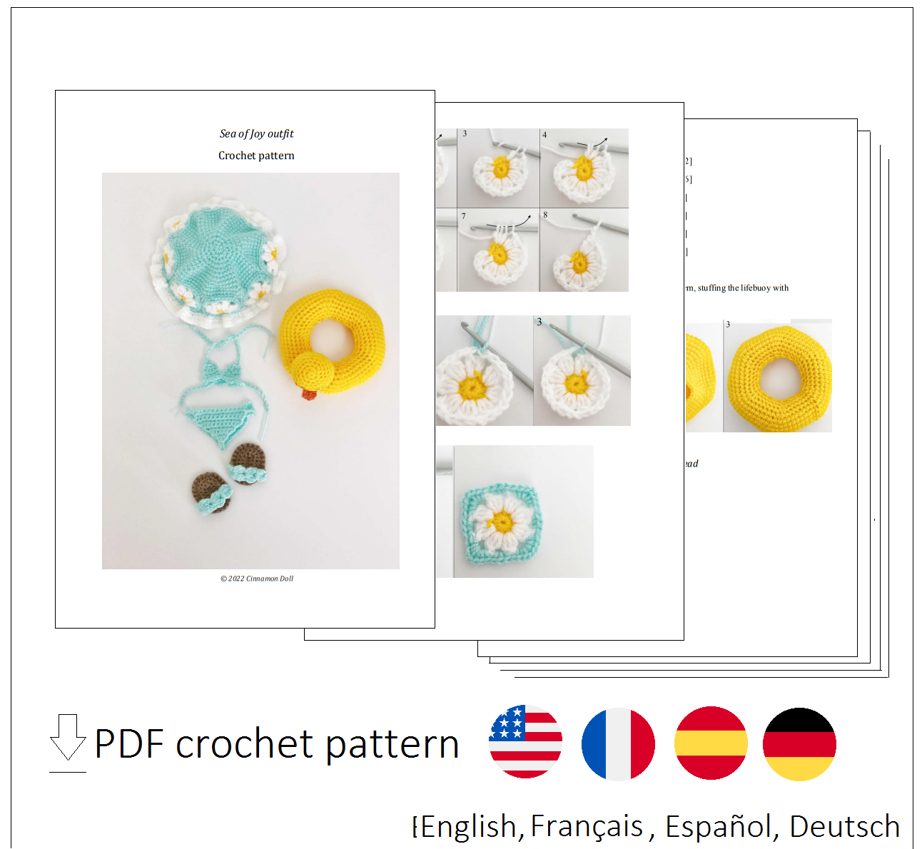 Crochet doll pattern with clothes Nicole in Sea of Joy outfit 1 beach