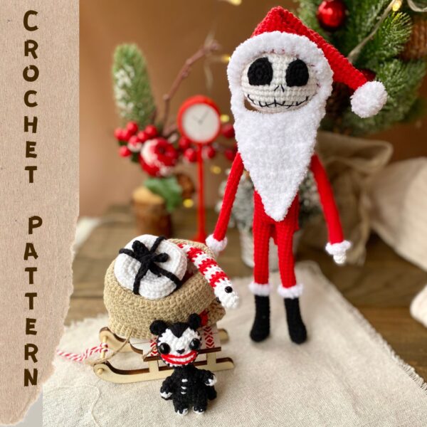 Amigurumi Jack Skellington in Santa outfit and with gift bag pattern
