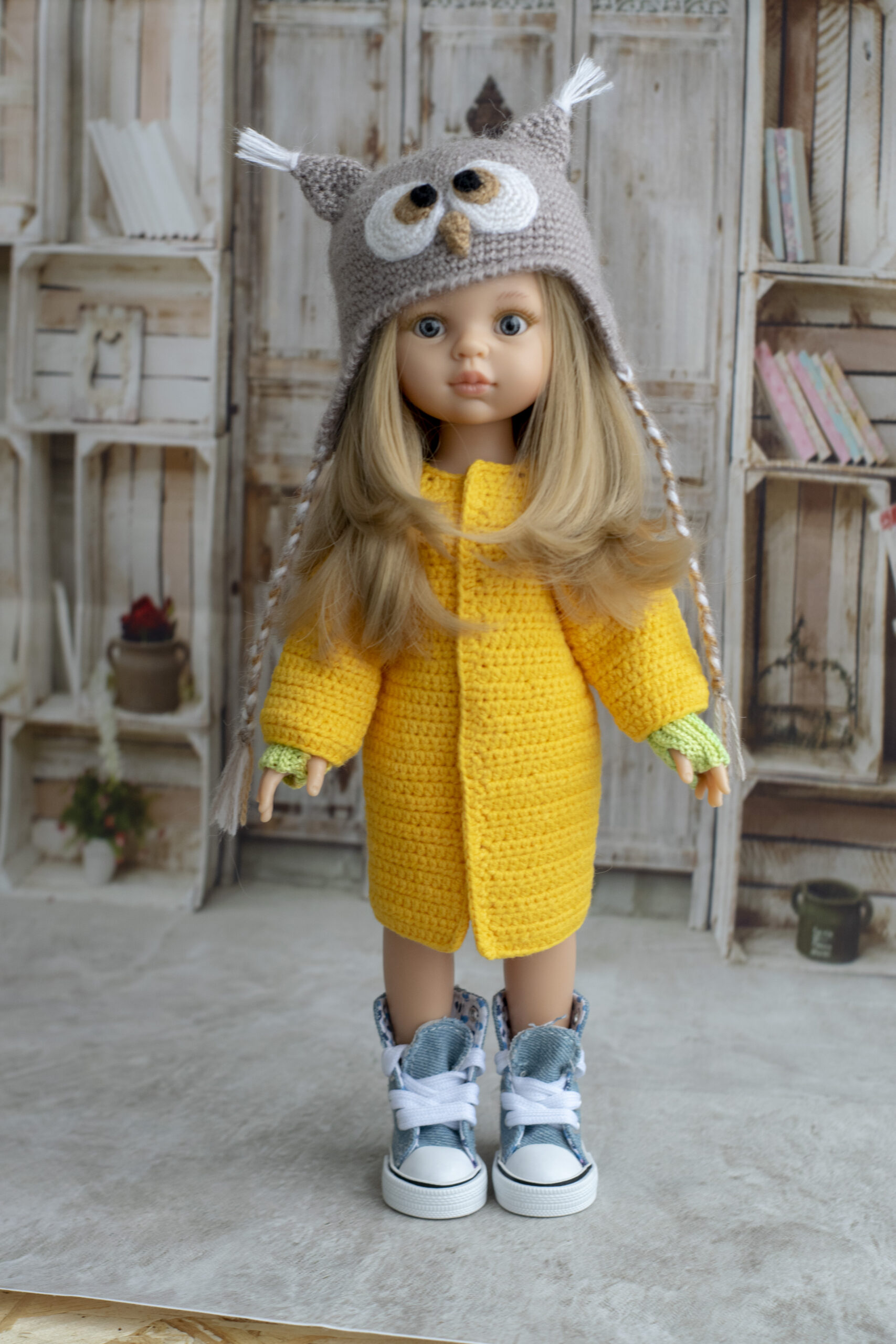 Owl hat helmet for doll Paola Reina, Siblies, Dumplings 8 DSC 1147 scaled
