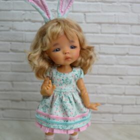 elegant turquoise dress and headband with ears for tiny bjd dolls