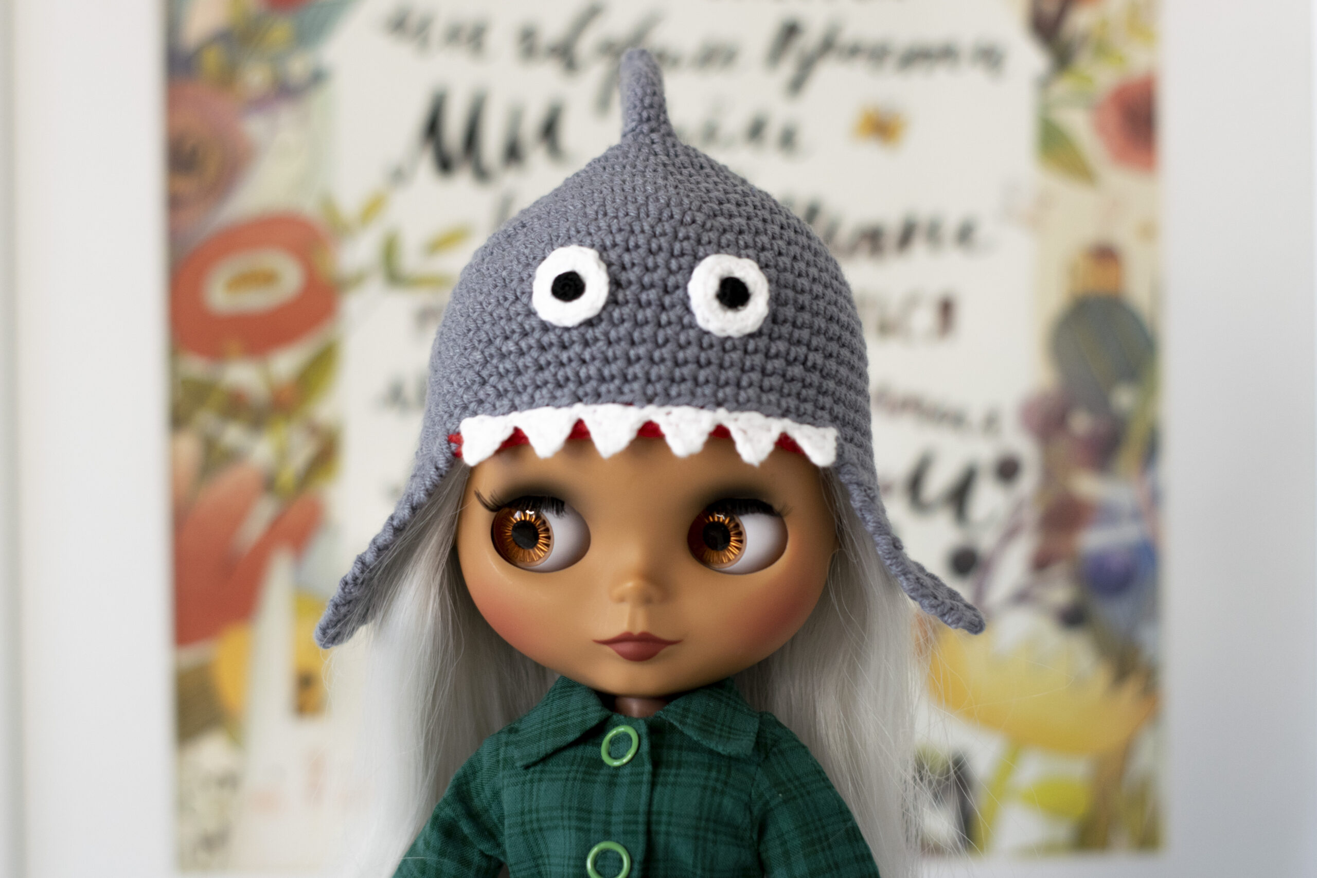 Crochet shark hat helmet for Blythe doll, Pullip, Ice doll