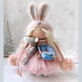 Textile doll Rabbit powder color dress