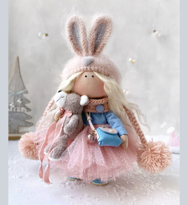 Textile doll Rabbit powder color dress