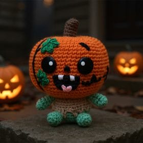 Plush crochet baby pumpkin zombie amigurumi toy, handmade Halloween pattern