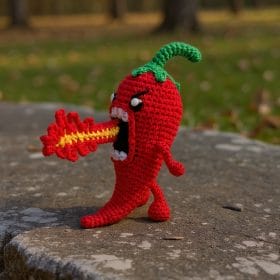 Plush crochet crazy red hot pepper amigurumi toy, handmade funny vegetable pattern.