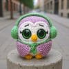 Plush crochet owl with headphones amigurumi toy, handmade cute bird pattern