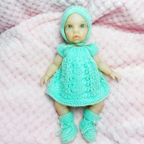 Charming Knitted Doll Clothes Set for 9-Inch Dolls – Handmade Dress, Bonnet, Bloomers & Booties | Reborn or Miniature Doll Outfit
