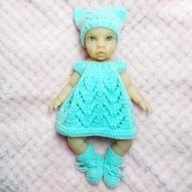 Magical Knitted Doll Clothes for 9-Inch Dolls – Handmade Dress, Bonnet, Bloomers & Booties | Reborn or Miniature Doll Outfit