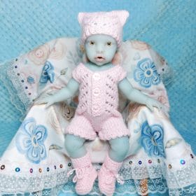 Graceful Knitted Doll Clothes Set for 9-Inch (22 cm) Dolls – Handmade Romper, Bonnet & Booties | Reborn Baby or Miniature Doll Outfit