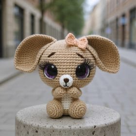 Plush crochet bunny with big expressive eyes, handmade amigurumi toy pattern