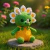 Crochet plush amigurumi triceratops dinosaur with daisy flower petals and yellow overalls, digital crochet pattern.
