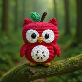 Crochet owl apple amigurumi toy pattern, handmade plush fruit bird, cute kawaii style.