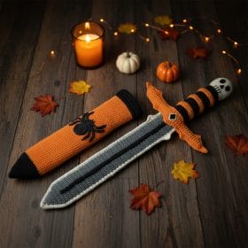 Crocheted Halloween toy sword and sheath made with amigurumi technique. The sword has a skull handle, black-and-orange striped grip, and bat wing-shaped guard. The matching orange sheath features a black spider design. A soft, safe toy for kids, ideal for Halloween costumes, cosplay, or spooky-themed gifts. Clear handmade stitches and playful design.