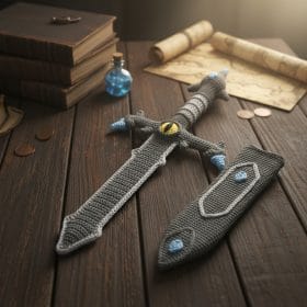 A handmade crochet sword with a gray blade, blue and white accents, and a yellow dragon eye at the center of the hilt. The plush sword is held in one hand and rests on a large outdoor rock, combining fantasy aesthetics with a soft, toy-like design.