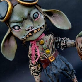 Handmade goblin engineer art doll, with goggles, staff, and steampunk outfit, 12 inch