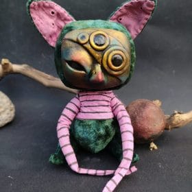 Handmade art doll Grimzi, emerald green with golden mask and pink ears, 8 inch