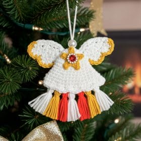 Crochet Christmas angel ornament with yellow and red tassels
