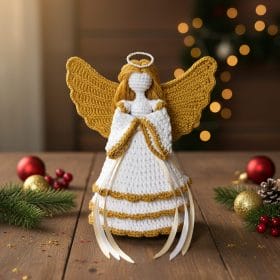 Hand-crocheted Christmas angel ornament with golden wings and halo, perfect for festive home decor.