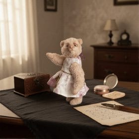Curly fur teddy bear in dress.