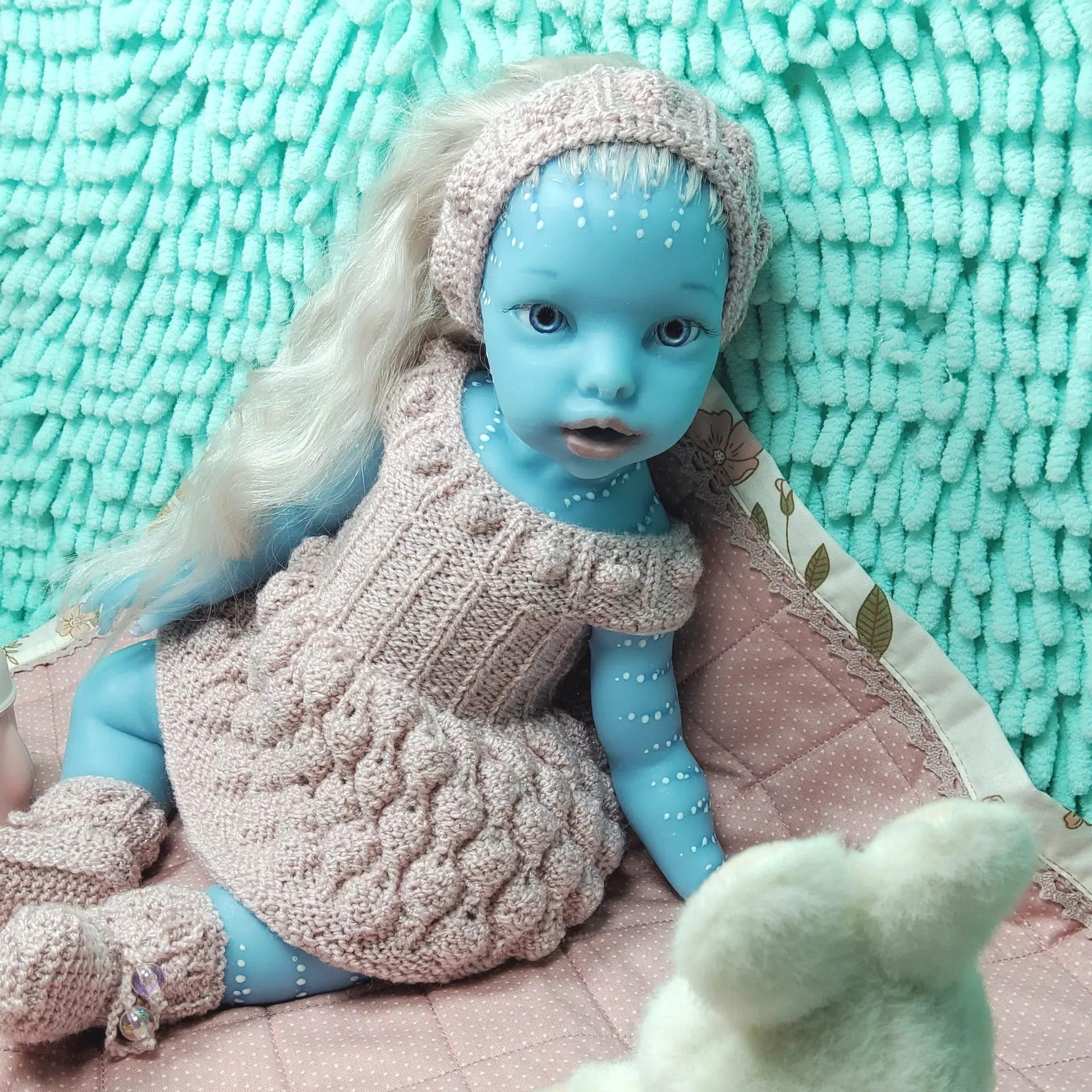Superb silicone doll avatar baby girl 13 inch 5 Full silicone Avatar baby doll girl with blue skin, real mohair hair, 13 inch washable fantasy doll