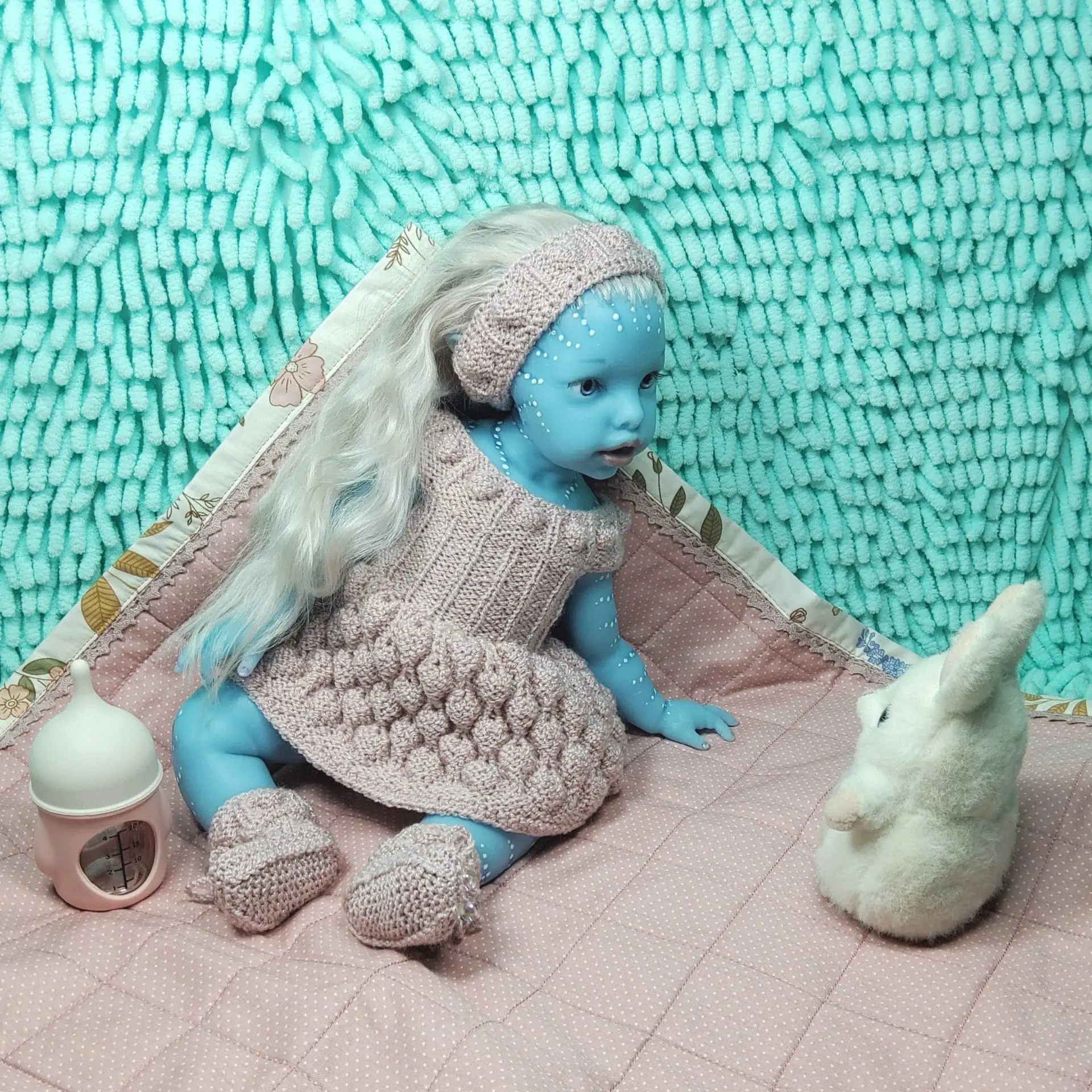Superb silicone doll avatar baby girl 13 inch 10 Full silicone Avatar baby doll girl with blue skin, real mohair hair, drink and wet system, 13 inch