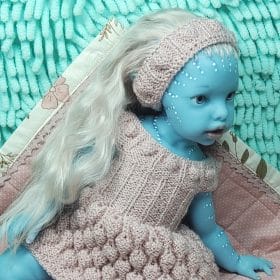 Full silicone Avatar baby doll girl with blue skin, real mohair hair, drink and wet system, 13 inch washable fantasy doll