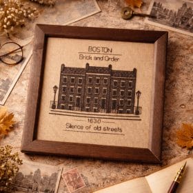 Boston miniature embroidery art in wooden alder frame