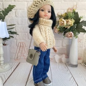 Stylish handmade clothing for Paola Reina dolls – mohair sweater, beret, jeans, and leather accessories.